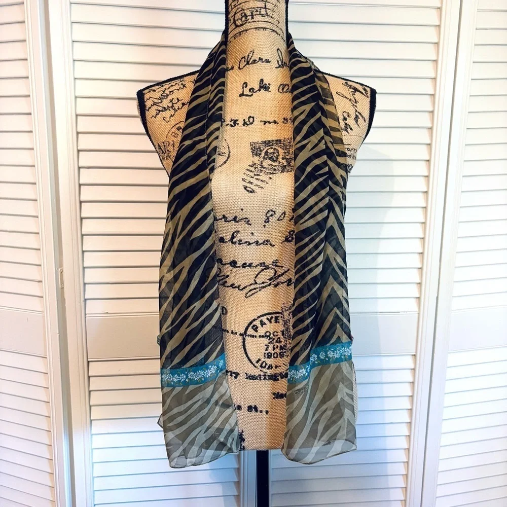 Echo Zebra Animal Print Floral Scarf Tan Black Brown Blue